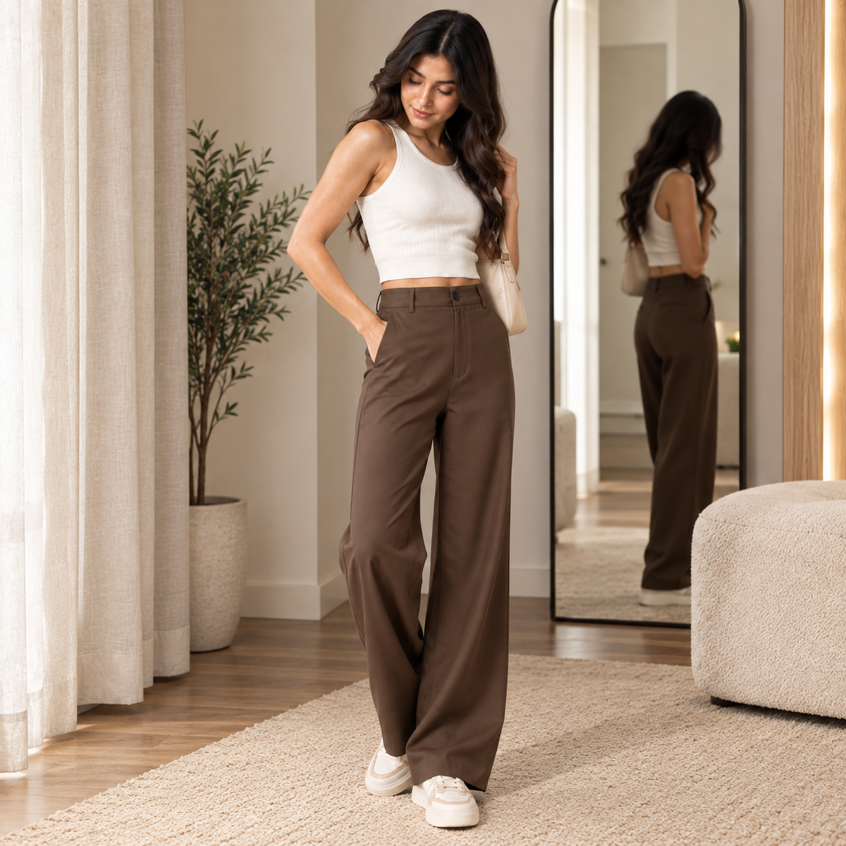 Korean High-Waisted Wide-Leg Trousers – Brown