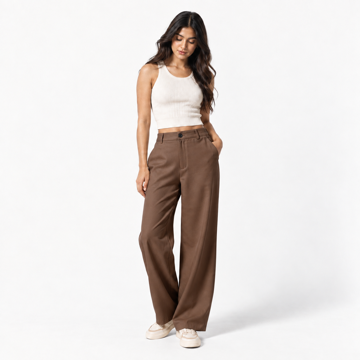 Korean High-Waisted Wide-Leg Trousers – Brown