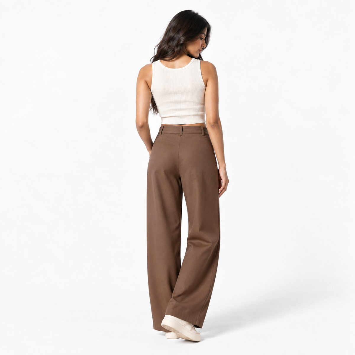 Korean High-Waisted Wide-Leg Trousers – Brown