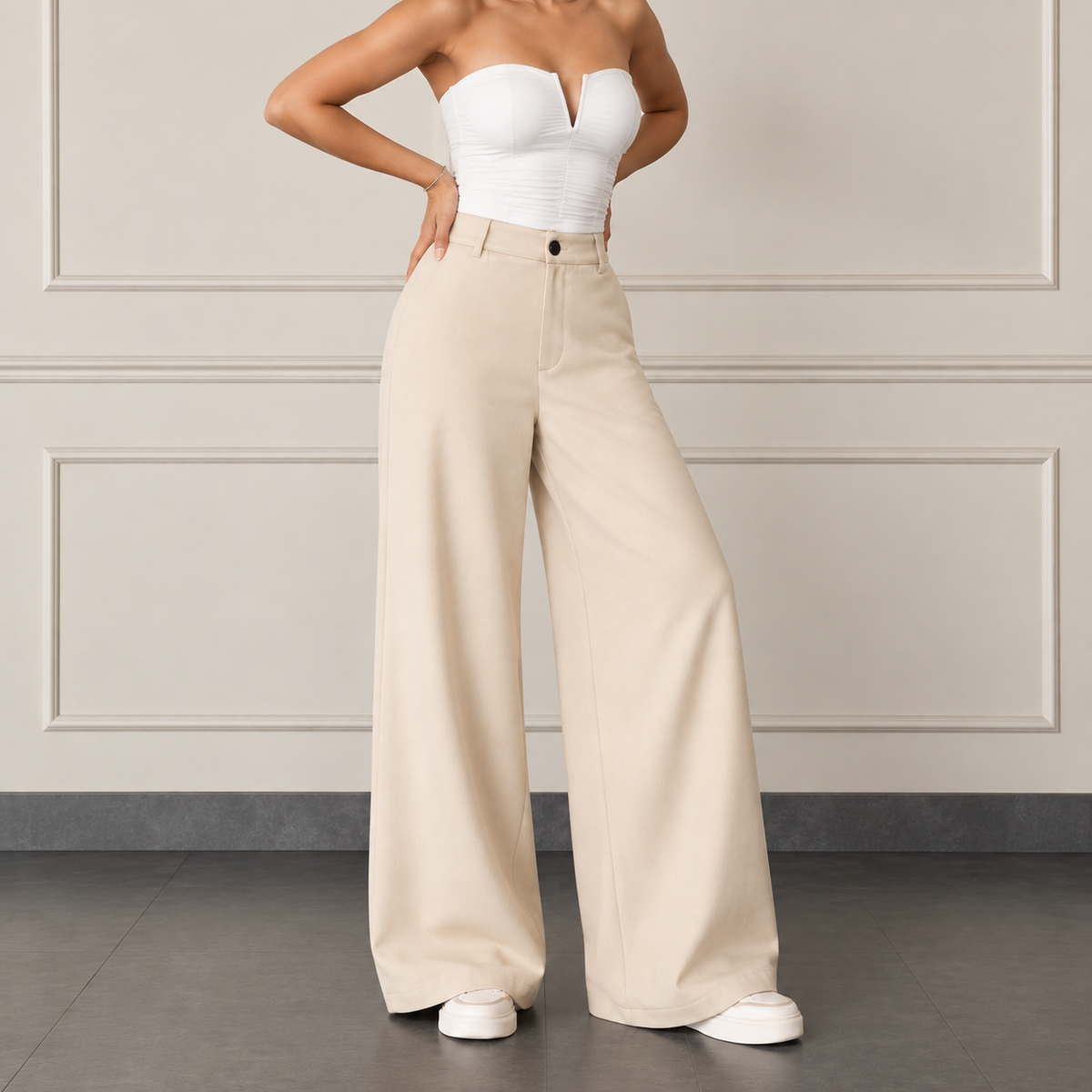 Beige Korean Pants High Waist Relaxed Fit