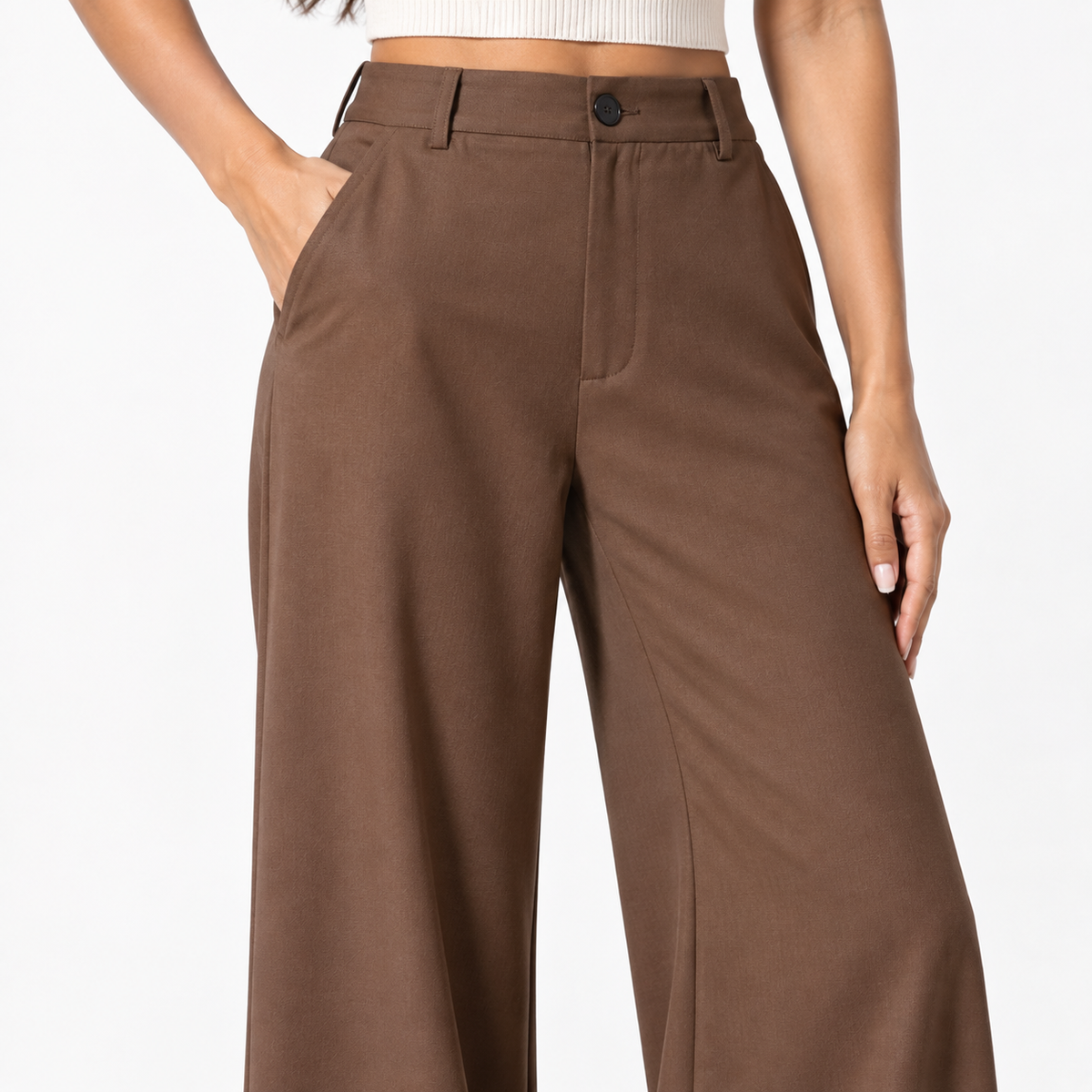 Korean High-Waisted Wide-Leg Trousers – Brown