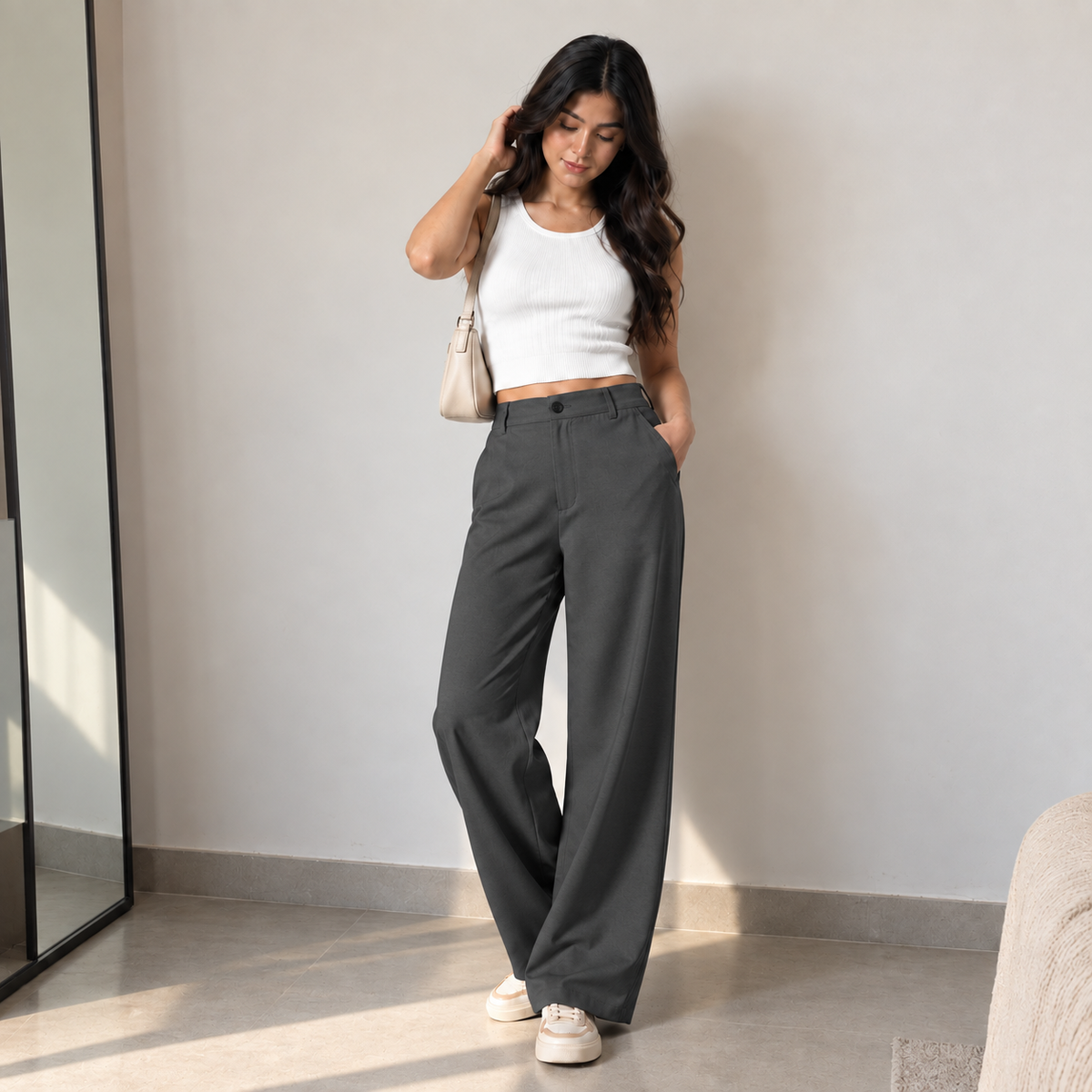 Korean High-Waisted Wide-Leg Trousers – Grey