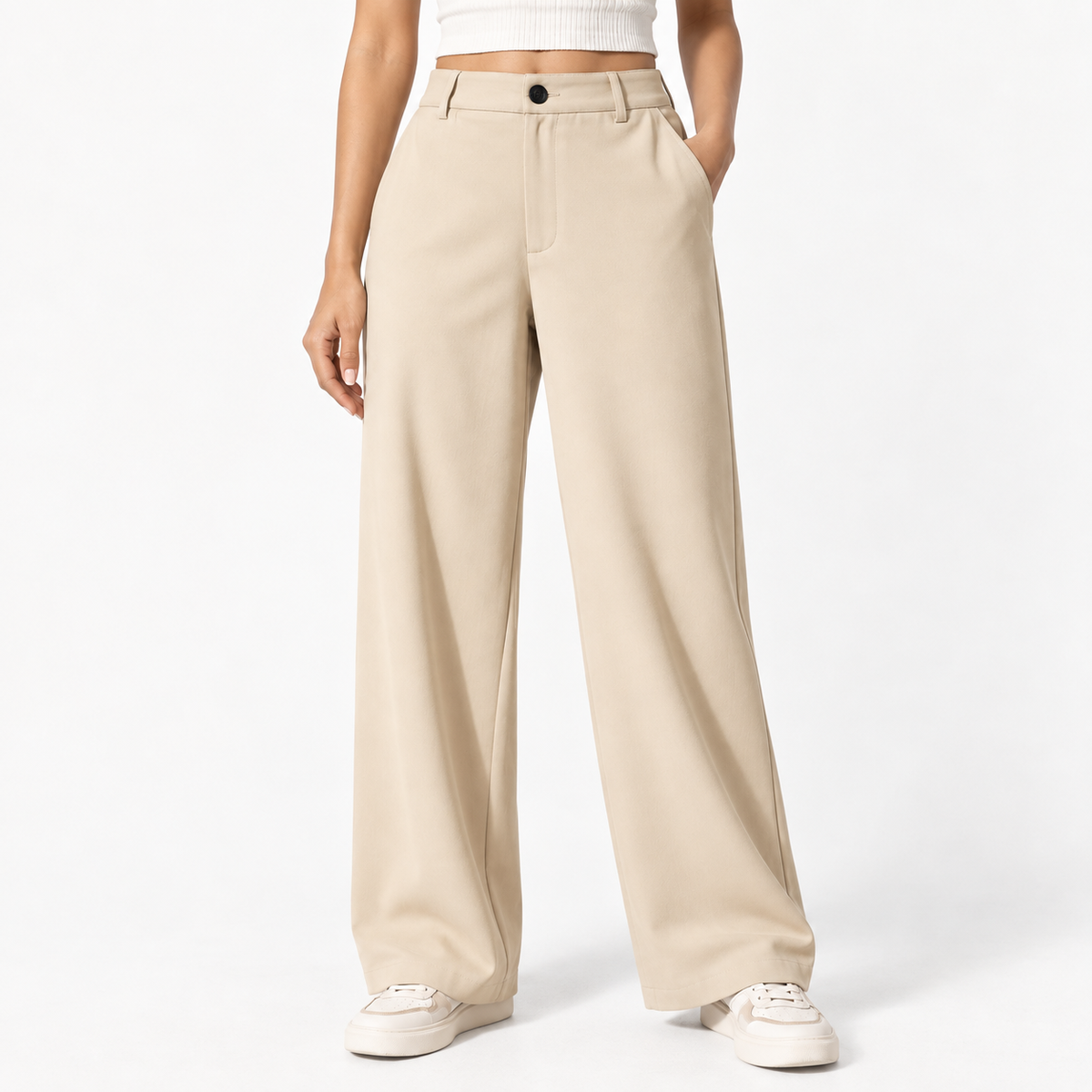 Korean High-Waisted Wide-Leg Trousers – Beige