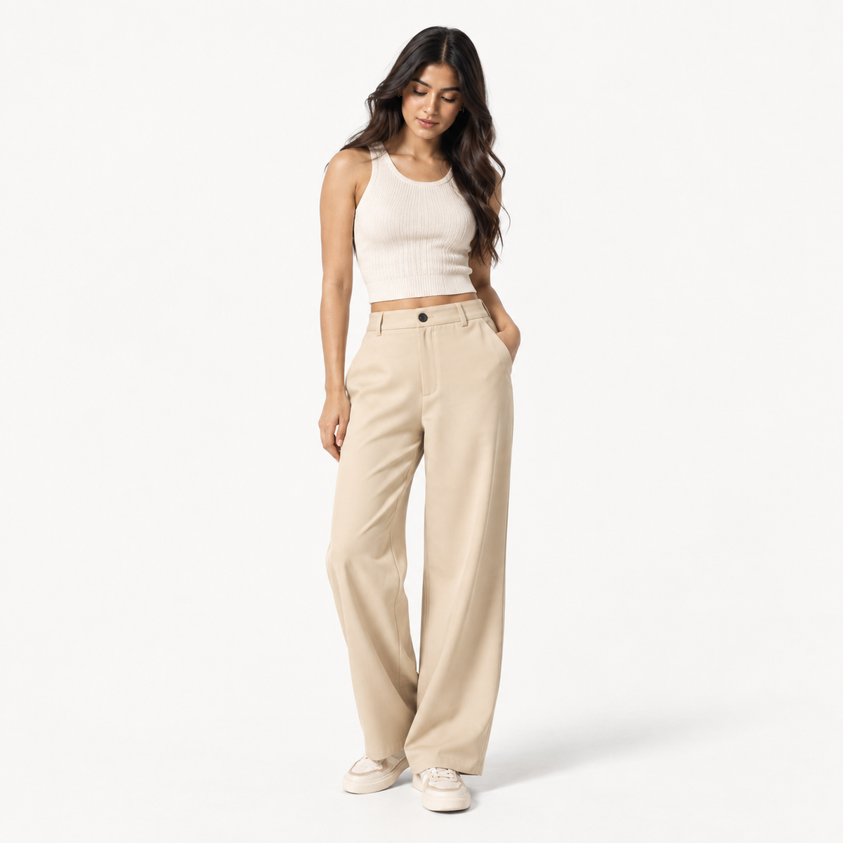 Korean High-Waisted Wide-Leg Trousers – Beige
