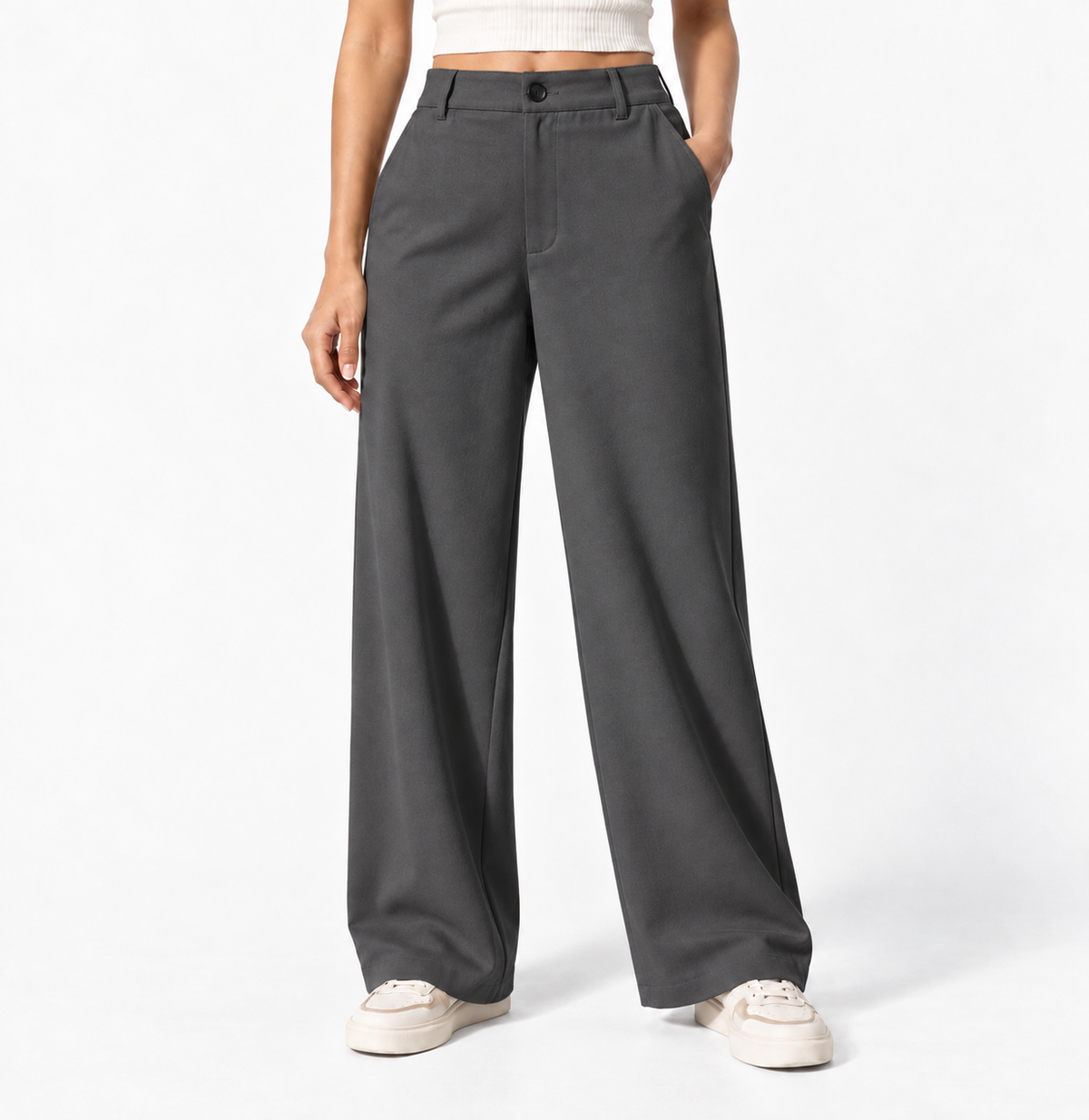 Korean High-Waisted Wide-Leg Trousers – Grey