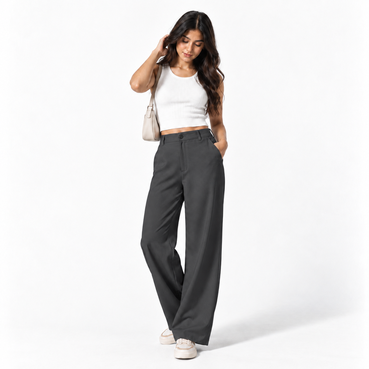 Korean High-Waisted Wide-Leg Trousers – Grey