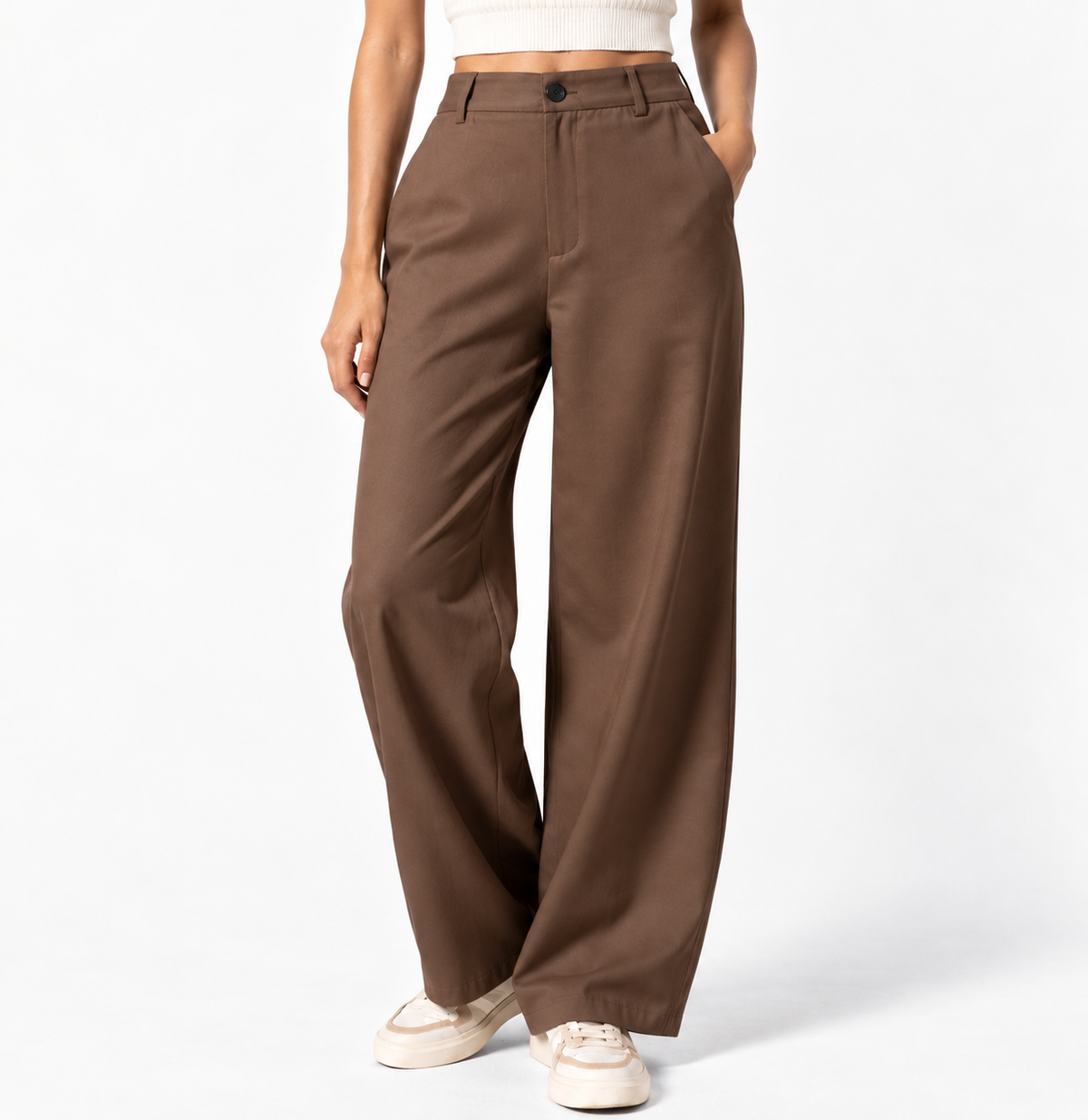 Korean High-Waisted Wide-Leg Trousers – Brown