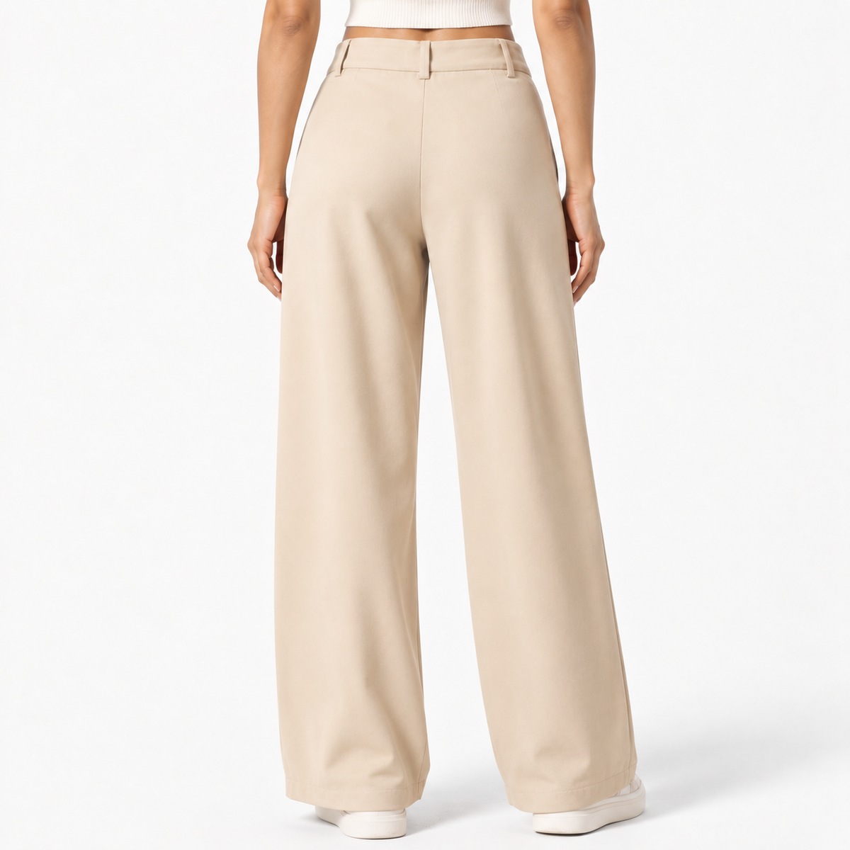 Korean High-Waisted Wide-Leg Trousers – Beige