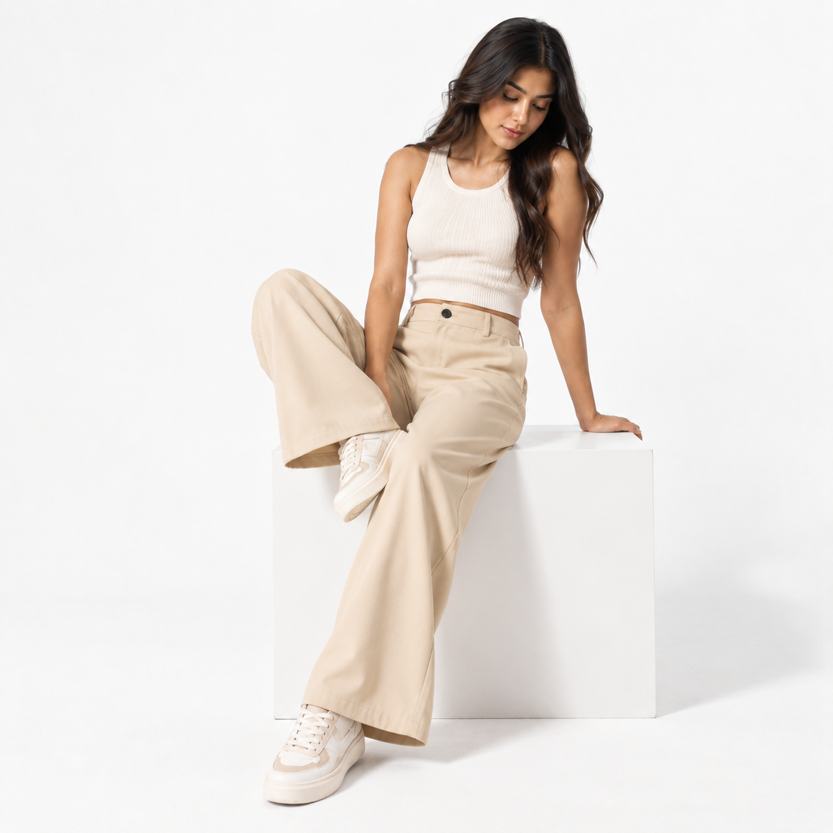 Korean High-Waisted Wide-Leg Trousers – Beige