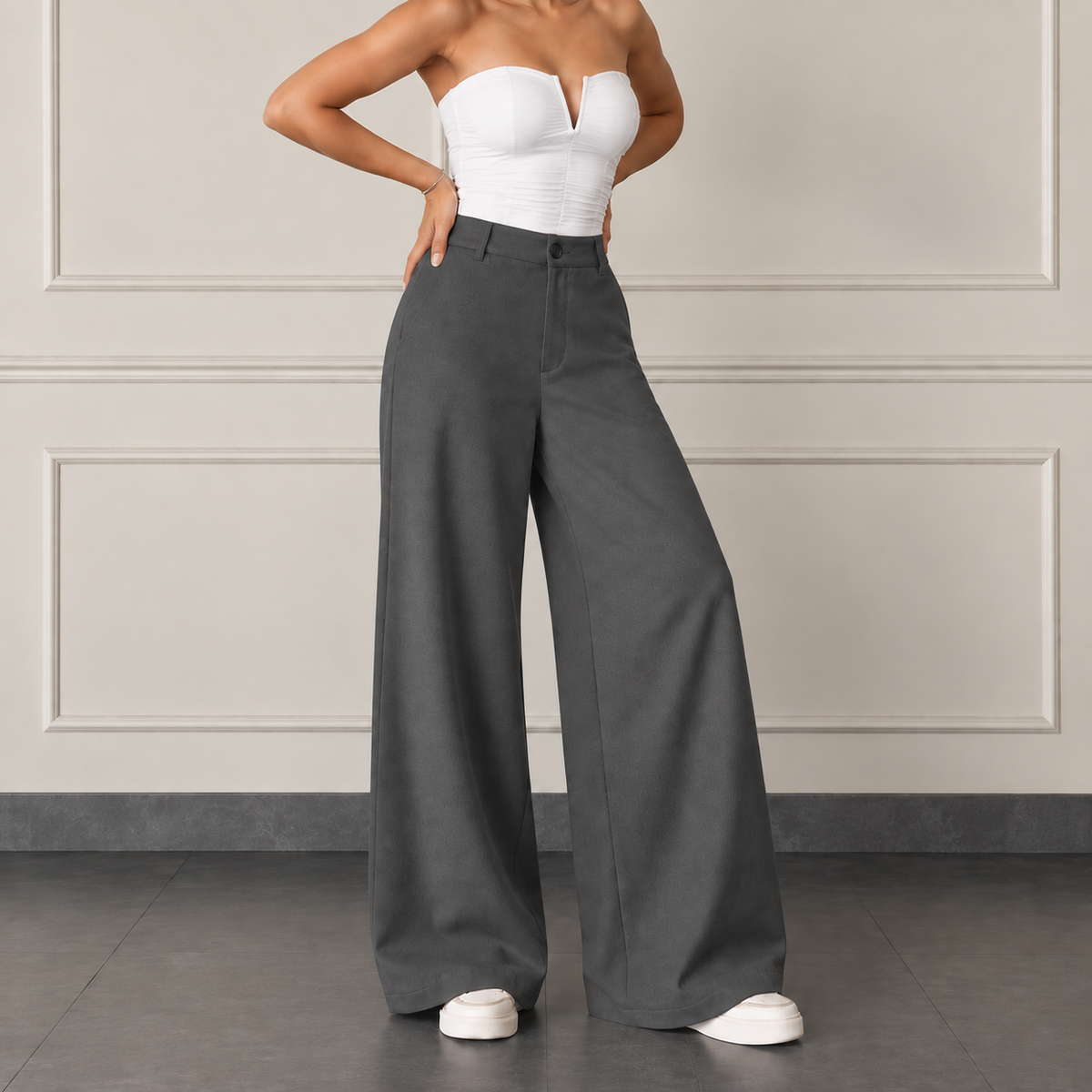 Grey Korean Pants High Waist Relaxed Fit