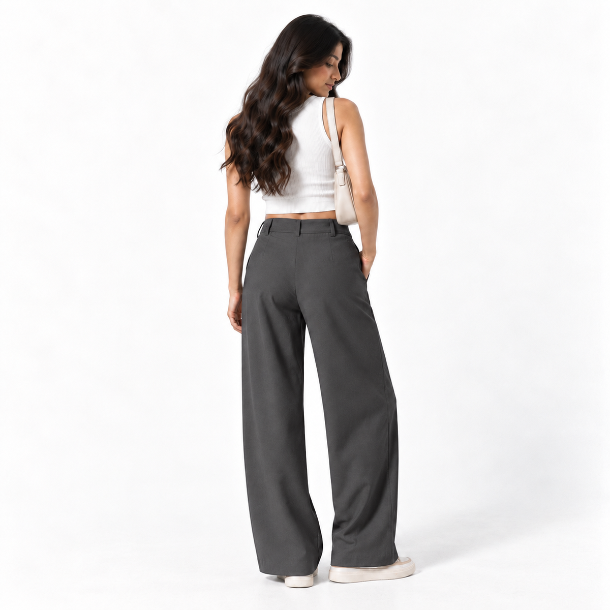 Korean High-Waisted Wide-Leg Trousers – Grey
