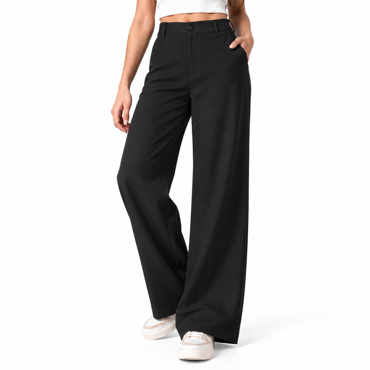 Korean High-Waisted Wide-Leg Trousers – Black