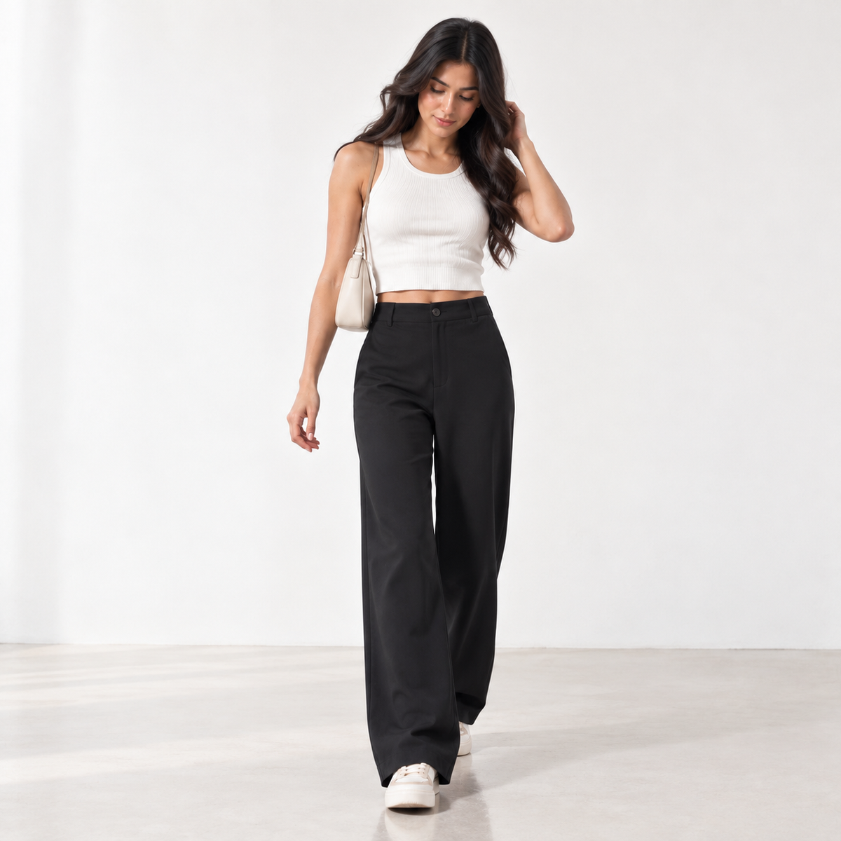 Korean High-Waisted Wide-Leg Trousers – Black
