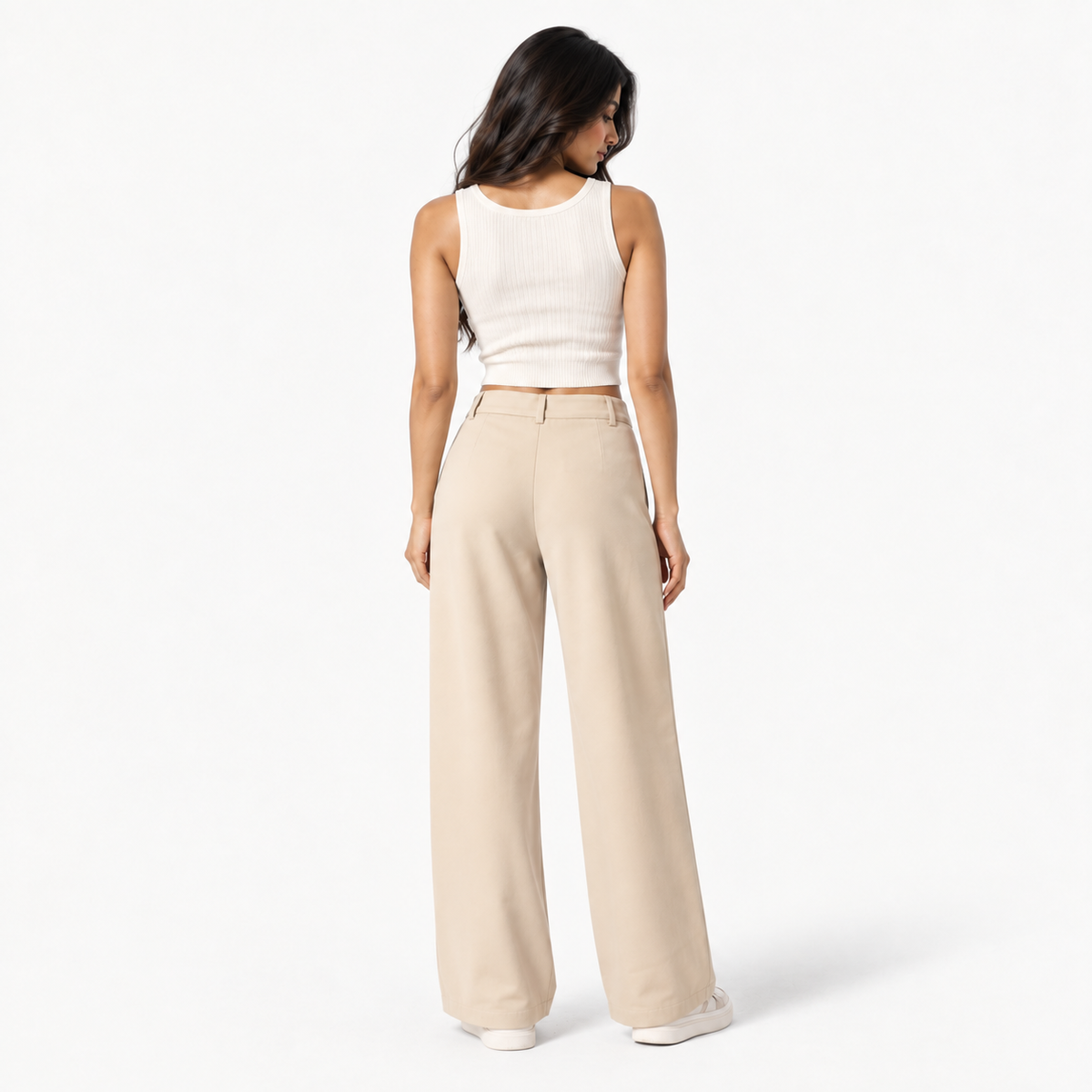 Korean High-Waisted Wide-Leg Trousers – Beige