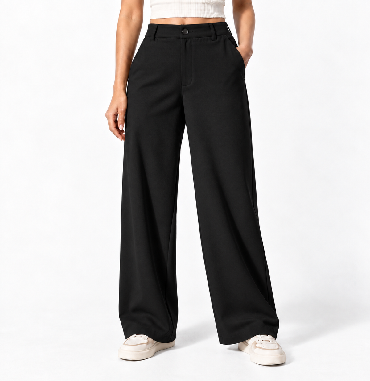 Korean High-Waisted Wide-Leg Trousers – Black