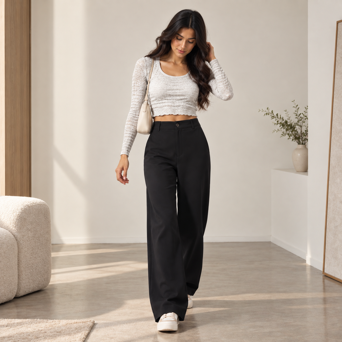 Korean High-Waisted Wide-Leg Trousers – Black